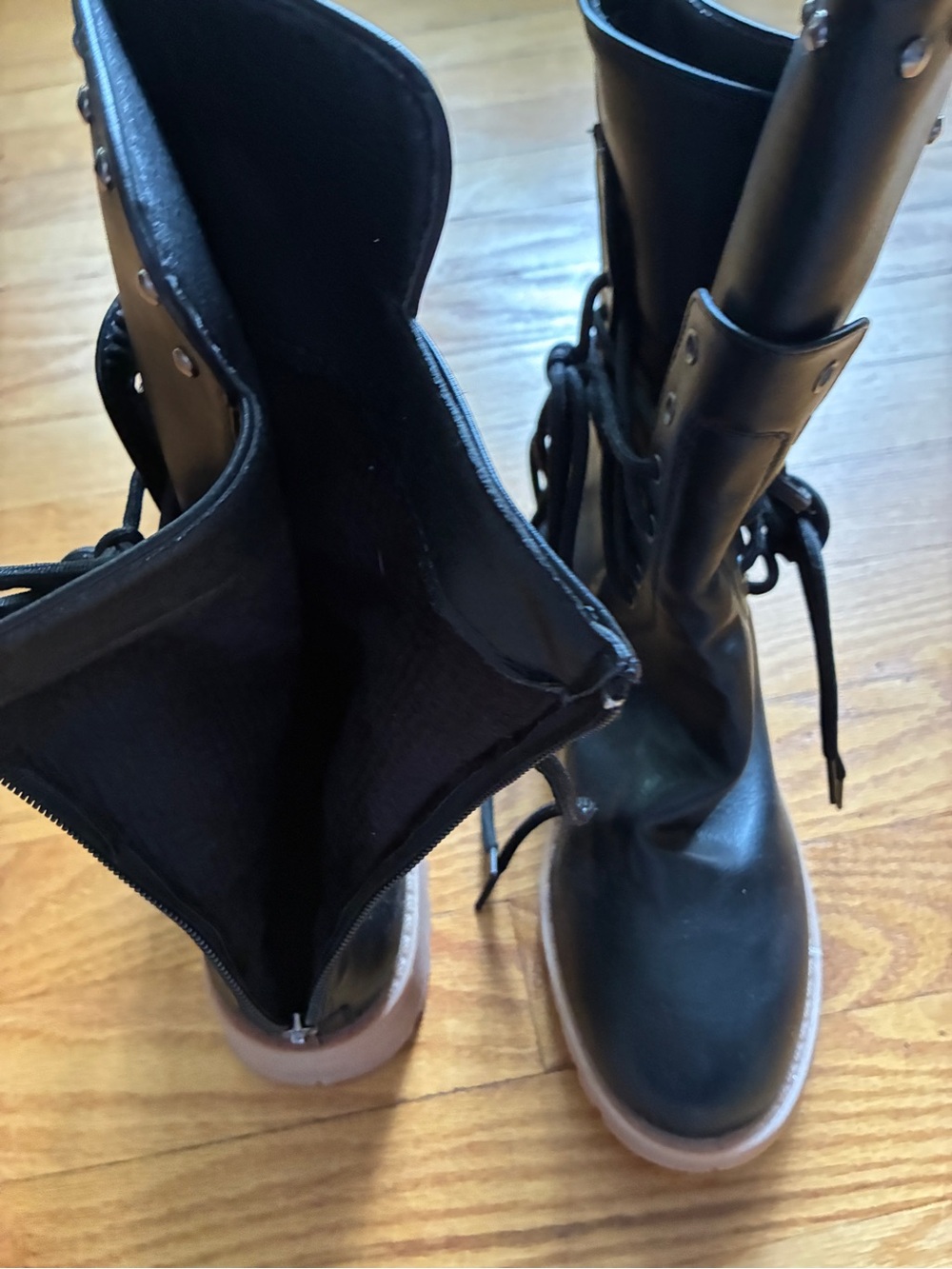 Tall Black Lace-Up Combat Boots with Light Tan Sole
